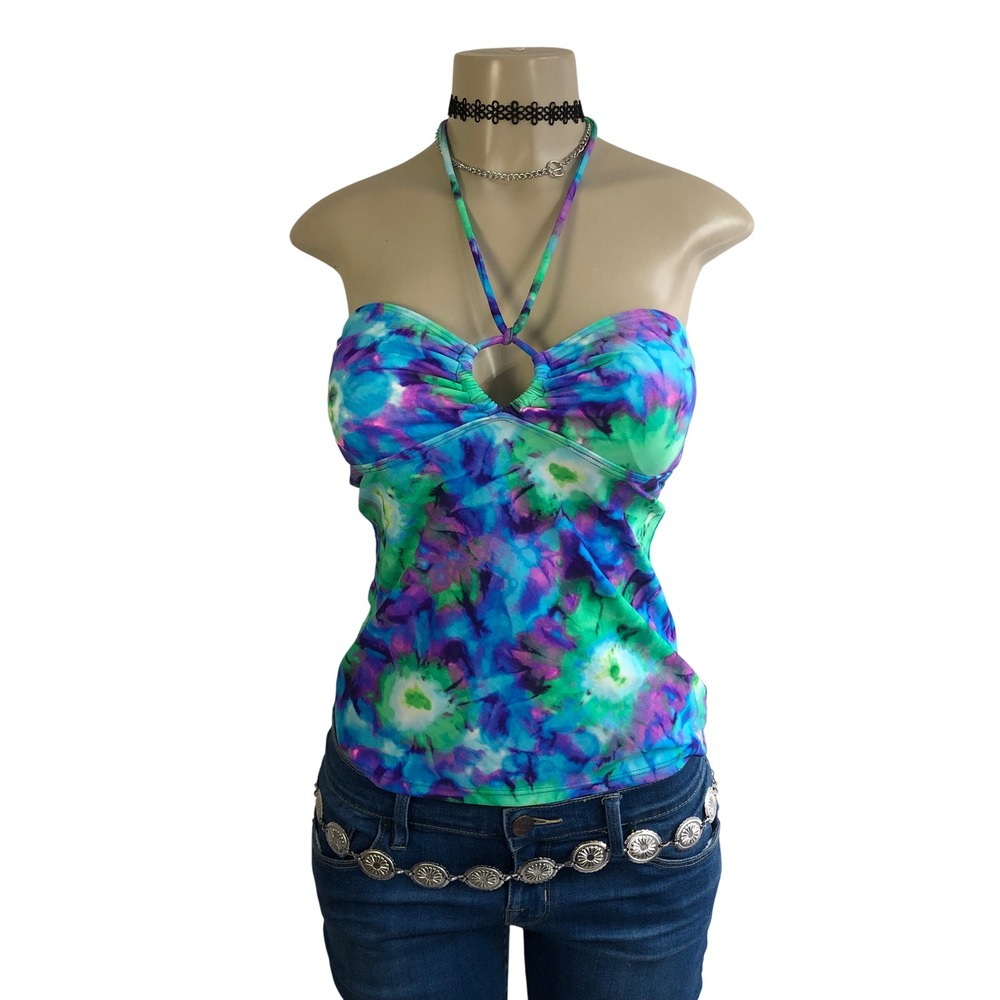 Vintage Y2K SO Tie Dye Floral O Ring Halter Tankini Swim Top Blue Green Size M